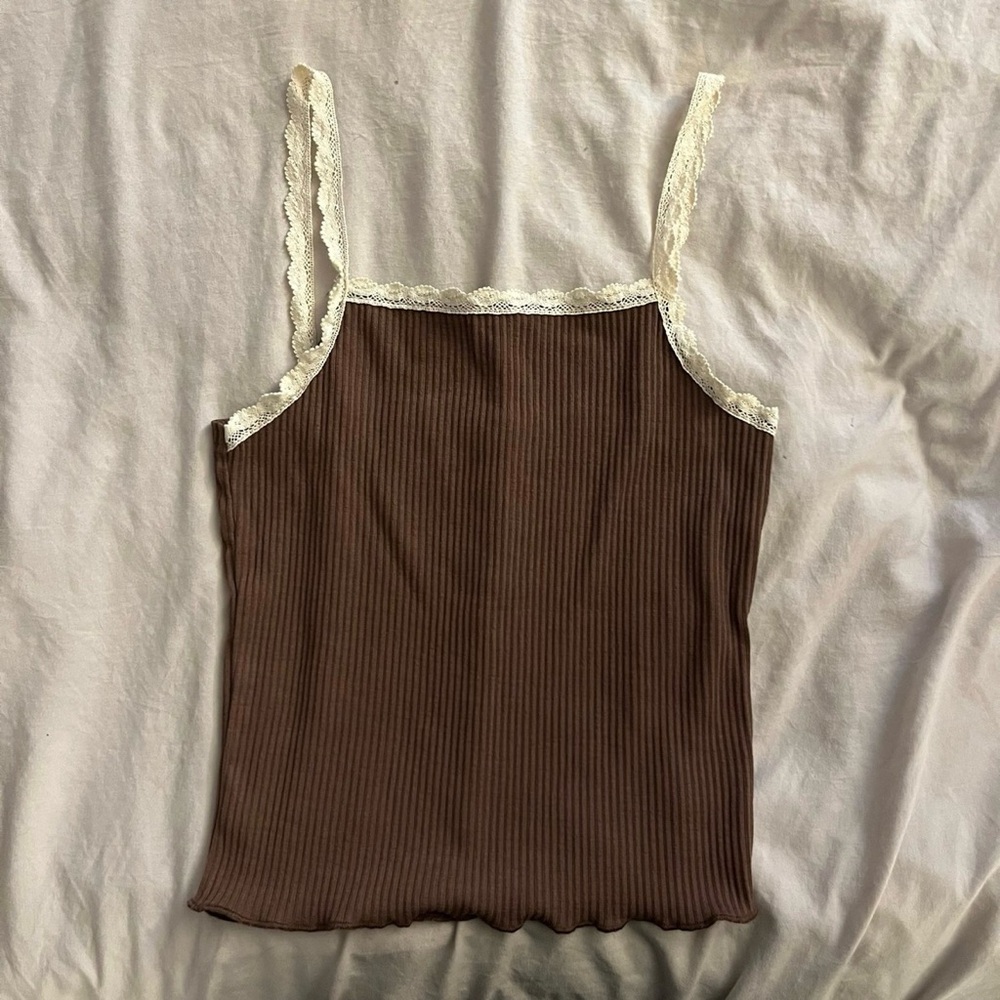 brown lace trim tank top